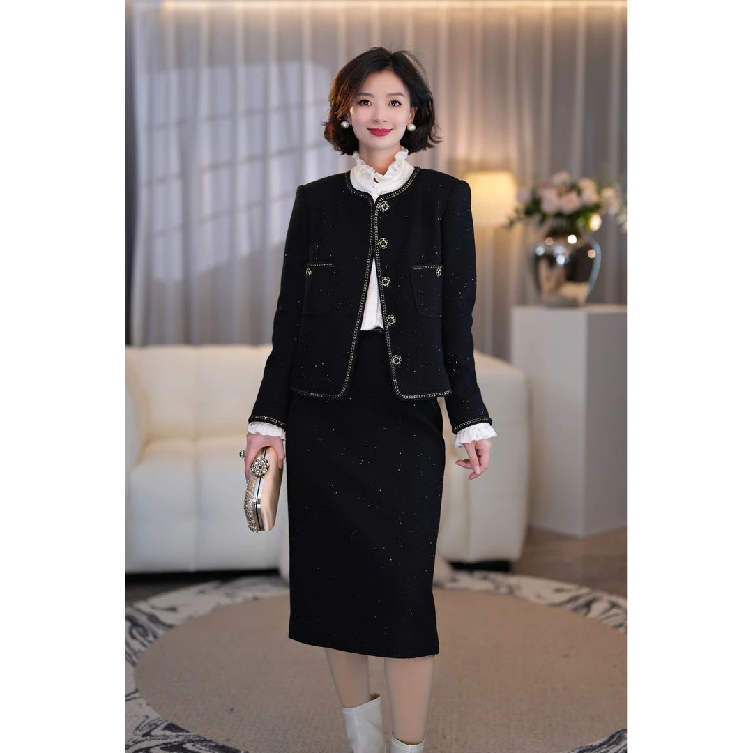 西子/【满天星】金片重磅高支时尚编织链条小香风外套+半裙/WTJH040