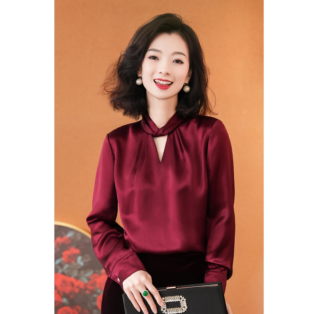 西子/【玫瑰秘境】醋酸锻光纽结法式镂空安可拉红衬衫/CSHC036