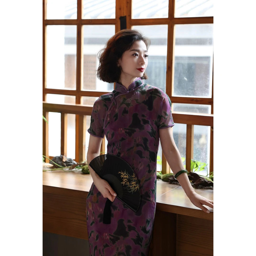 西子/【紫雾】老上海复古民国风紫色旗袍含吊带连肩袖裙子/QPLL017