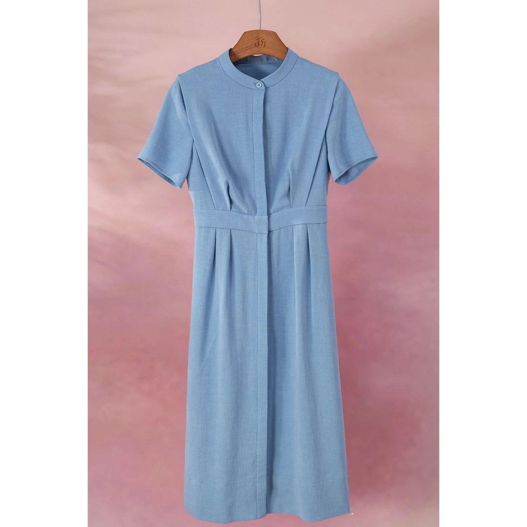 西子/【海盐夏风】三醋酸麻感收腰捏褶立裁暗门襟连衣裙/CQXP197