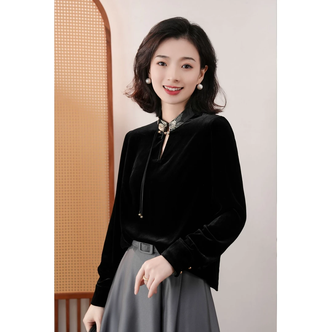 西子/【墨兰】桑蚕丝人丝进口丝绒国风古典提花上衣衬衣/CSYG058