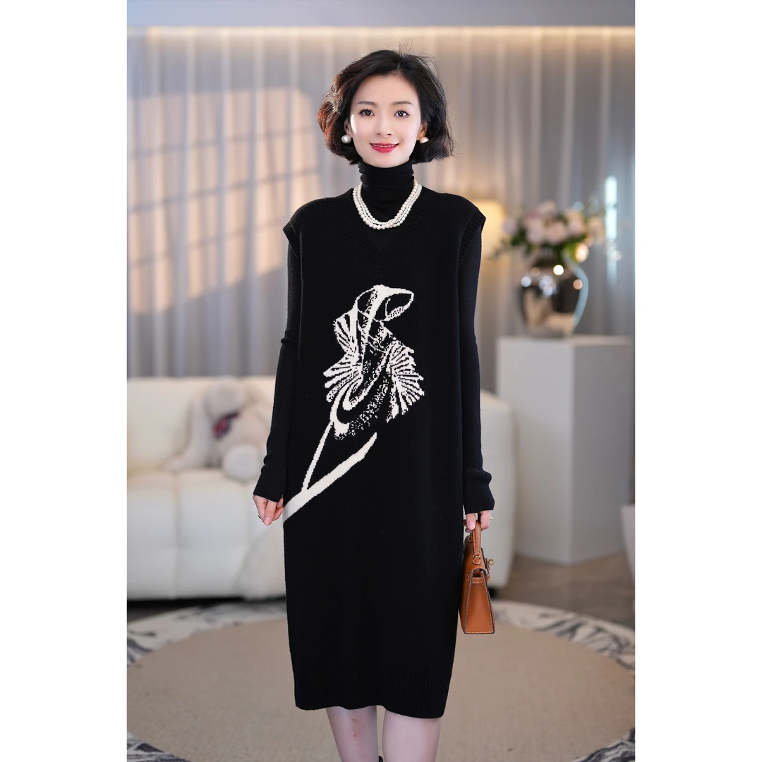 西子/【年年有鱼】设计感气质中鼎绵羊毛针织背心连衣裙/CQSNE012