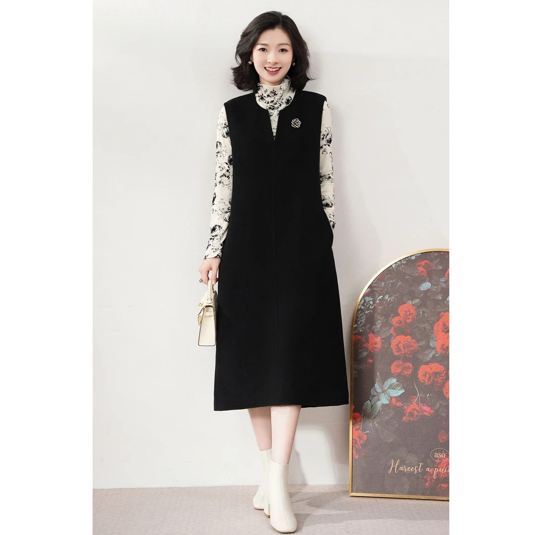 西子/【赫本小黑裙】高支羊毛V领中长双面呢无袖背心连衣裙/DYBH571