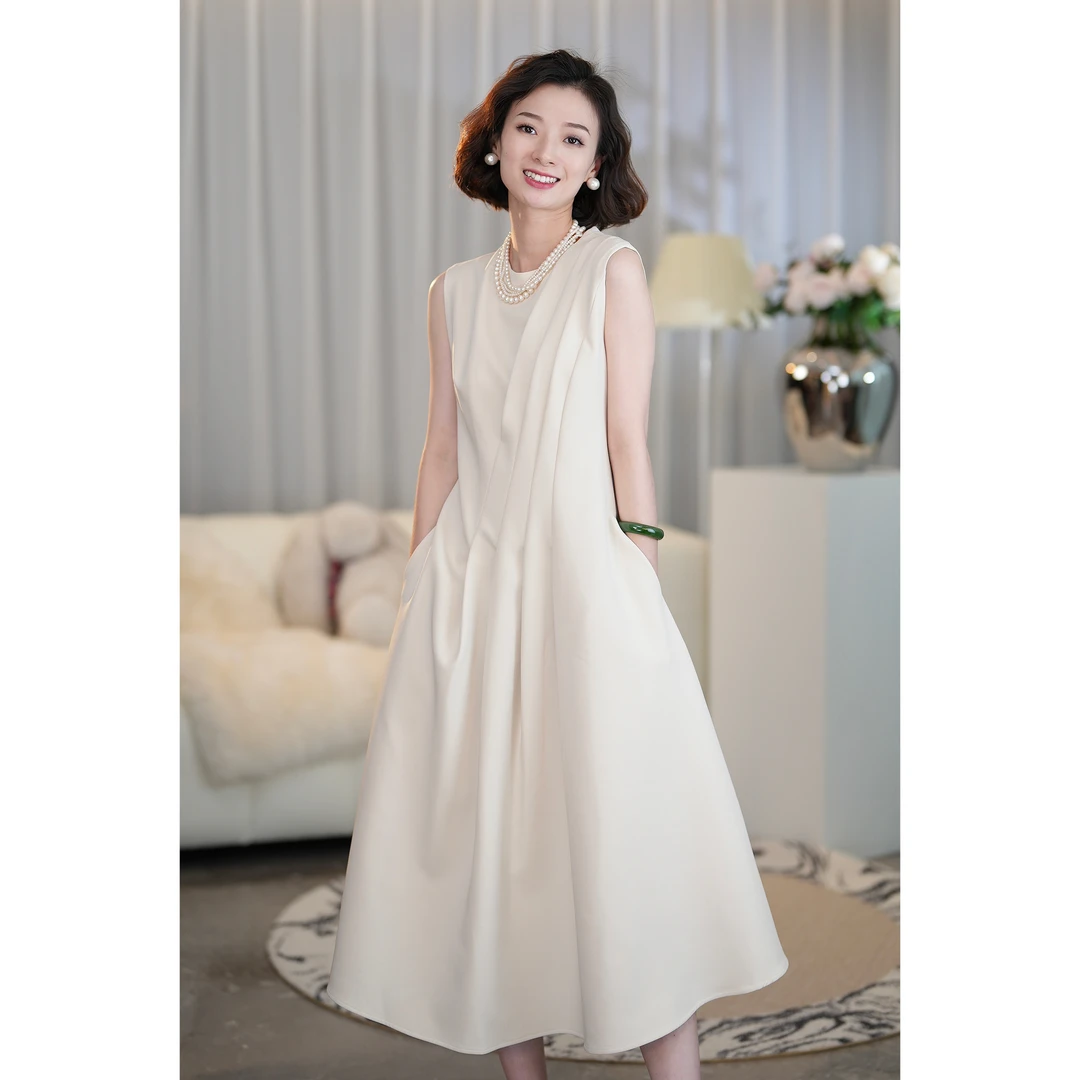 西子/“白瓷裙”经典高定法式赫本风气质收腰显瘦百搭连衣裙/GJ113