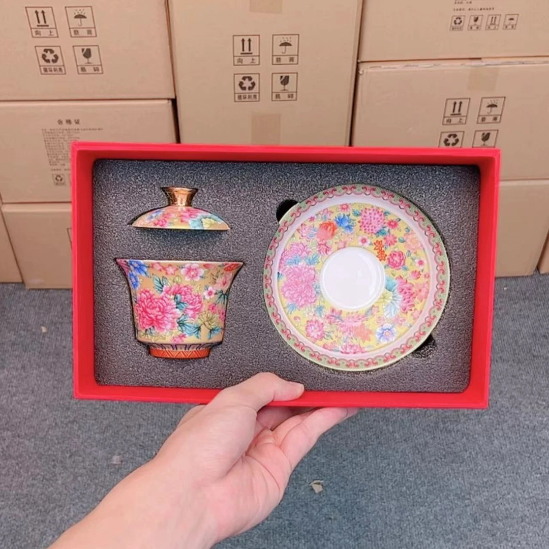 长泓茶器/珐琅印记满花宫廷三才盖碗——礼盒装黄色