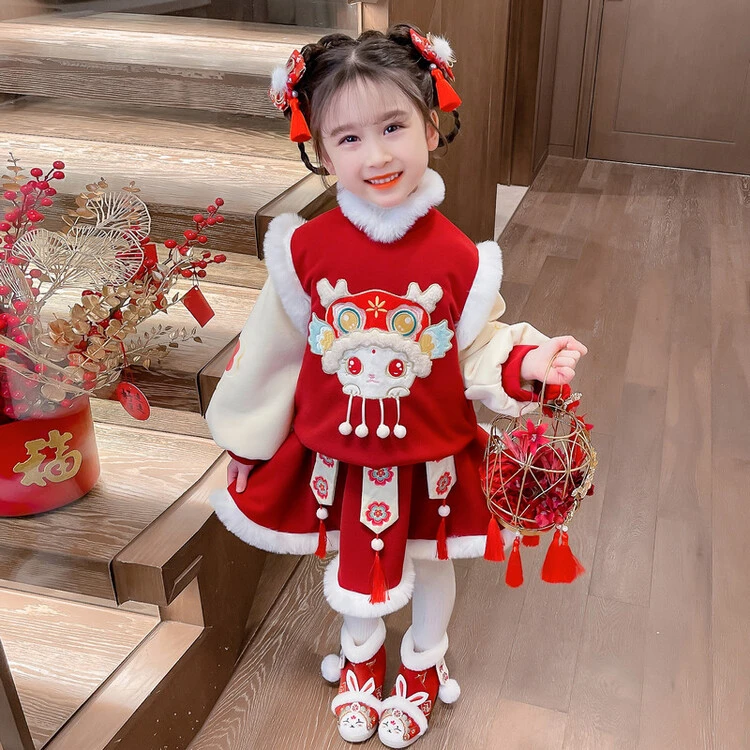 女童冬季加绒精灵招财猫年服裙子两件套女宝中国风唐装过年拜年服