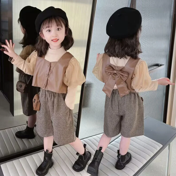 女童时髦套装洋气秋季2025新款网红儿童春秋马甲泡泡袖三件套衣服