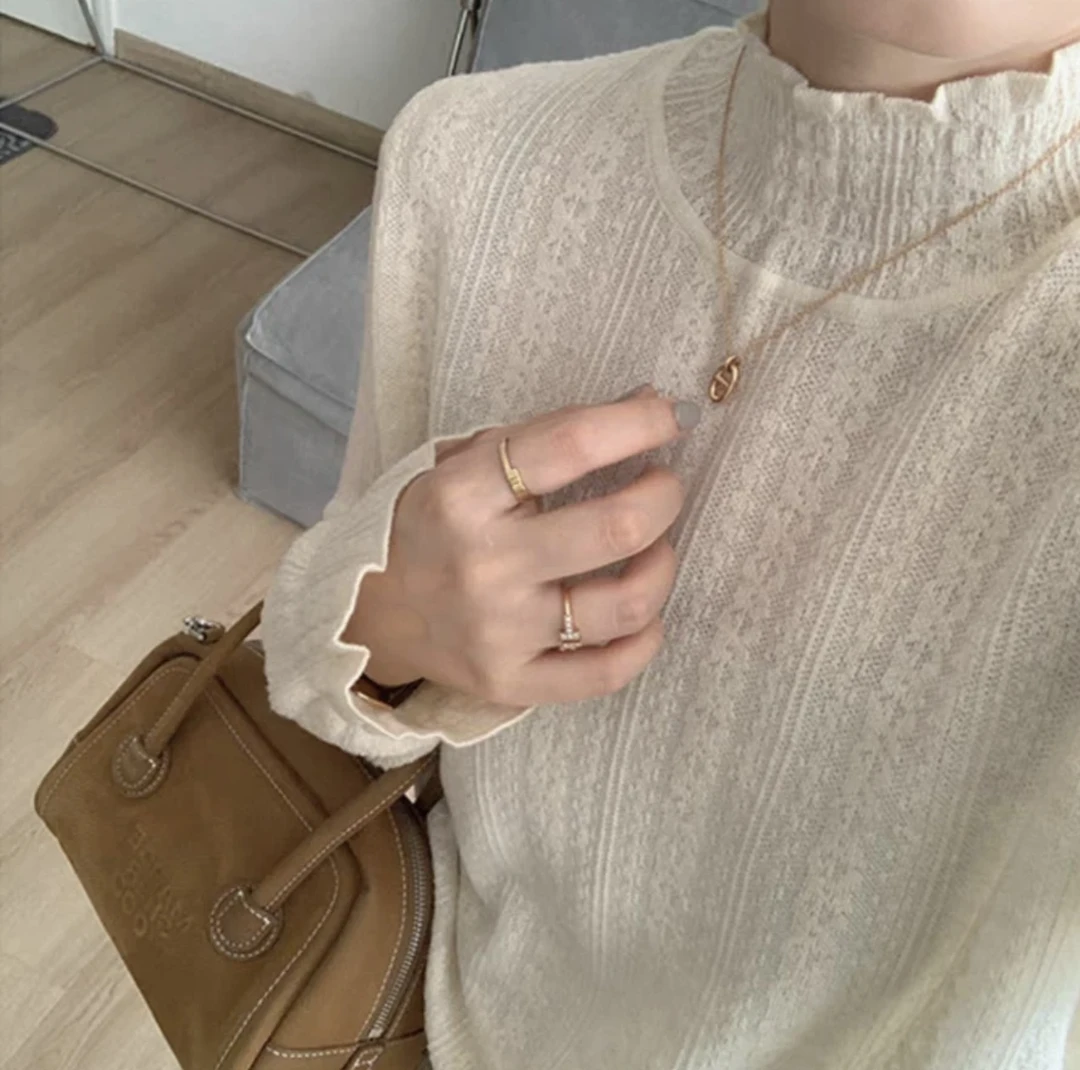 【木耳花边】半高领女长袖精仿羊毛早秋新款软糯舒适针织衫1444