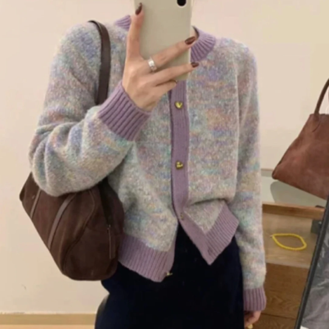 【花纱紫小香风】秋季甜美花纱糖果色软糯气质爱心扣针织开衫