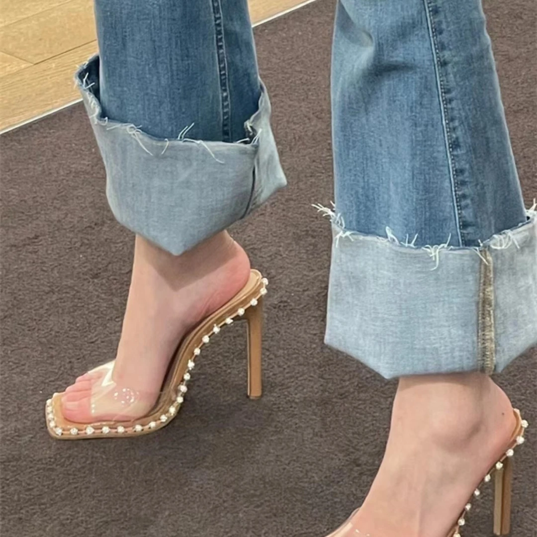 2023新款一字带方头高跟鞋性感水钻透明露趾凉鞋女夏细跟外穿凉拖
