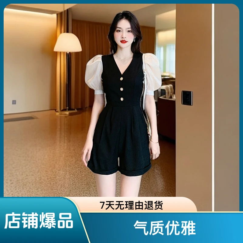 2024夏季新款大码连体裤女高级感小众设计泡泡袖拼接收腰显瘦套装
