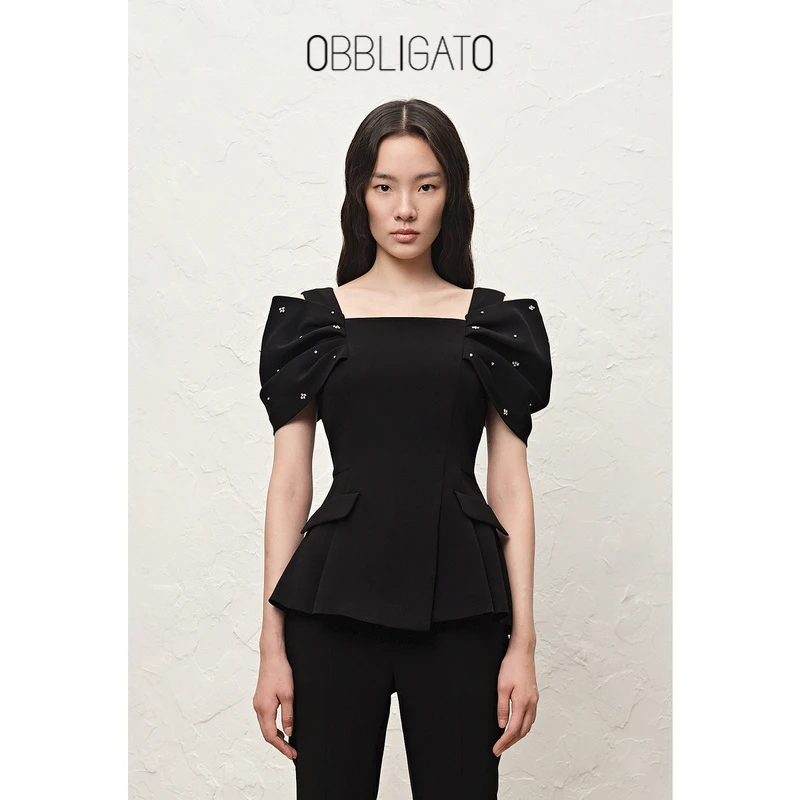 OBBLIGATO奥丽嘉朵1C32270141夏款新款钉钻褶袖露肩醋酸套装上衣