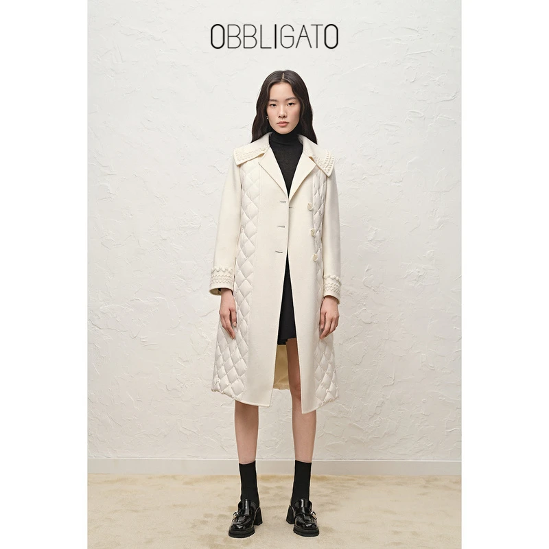 OBBLIGATO奥丽嘉朵1C32508510冬季绵羊毛拼接鹅绒大衣式羽绒服