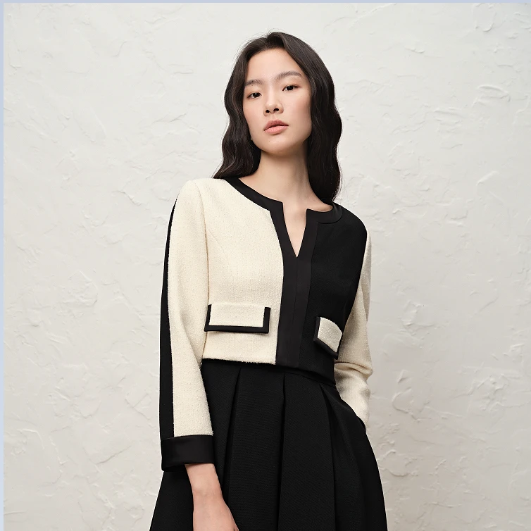 OBBLIGATO奥丽嘉朵冬季1C32505400截短式不对称撞色假两件连衣裙