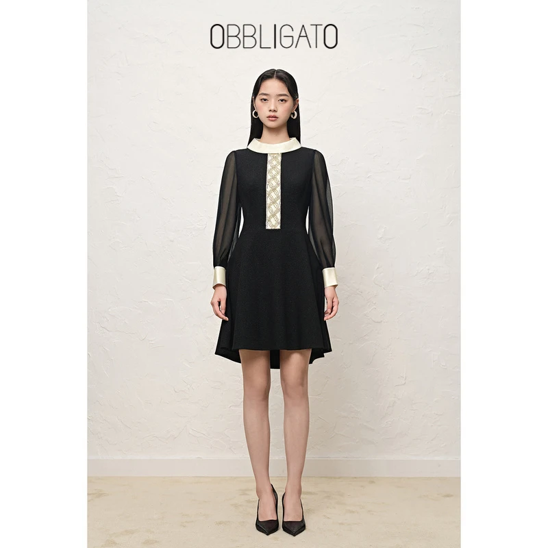 OBBLIGATO奥丽嘉朵冬季1C32505370网纱钉珠醋酸高腰连衣裙