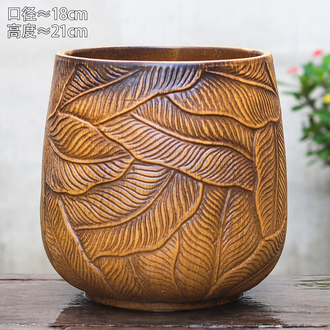 柴烧刻绘芭蕉叶花盆手工制作多肉老桩鲜花绿植紫砂透气粗陶大花盆