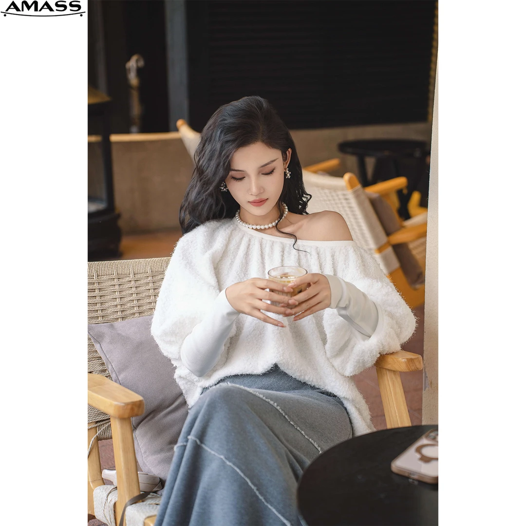 AMASS/阿玛施新款时髦设计感白色时尚重工长袖圆领上衣女 5301065