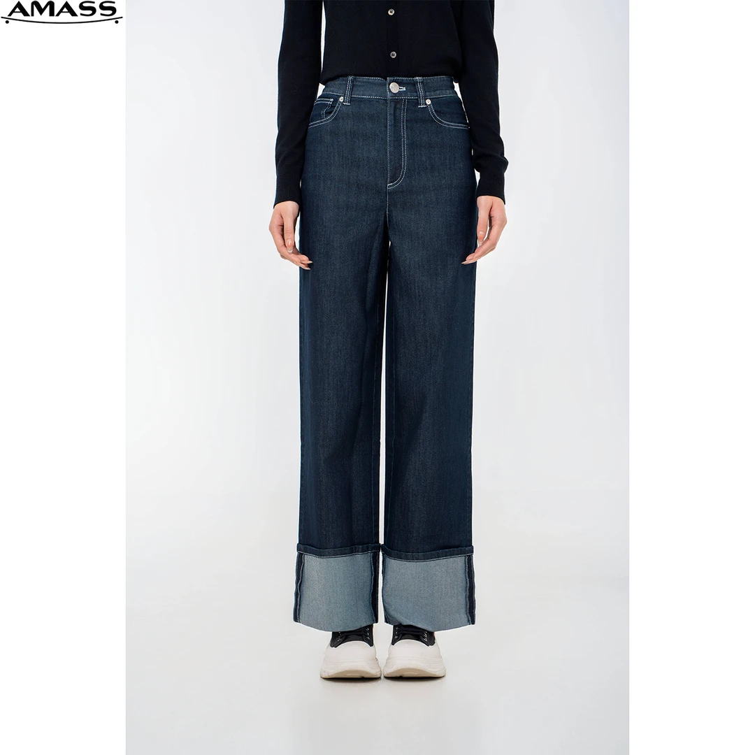 AMASS/阿玛施春秋新款时尚高腰复古直筒翻边牛仔裤长裤女 5100274