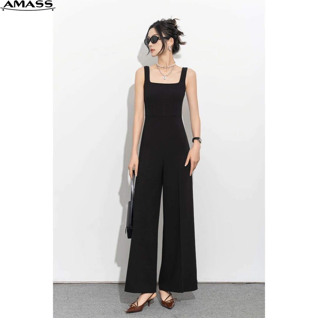 AMASS/阿玛施新款夏季气质轻职风高腰阔腿黑色背带连体裤 5100408