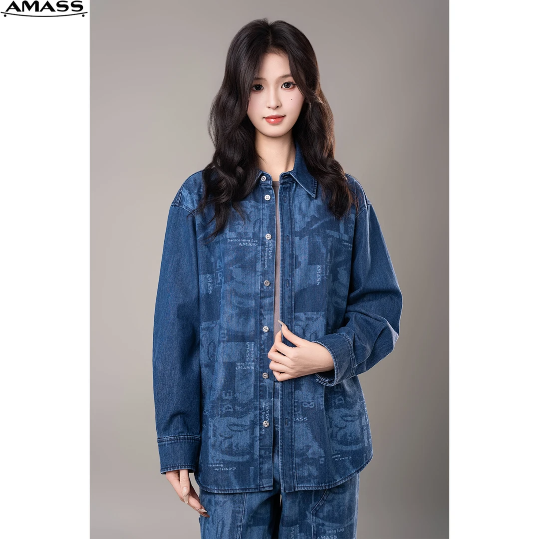 AMASS/阿玛施春秋新款百搭时尚复古拼接印花牛仔衬衫上衣 5300870