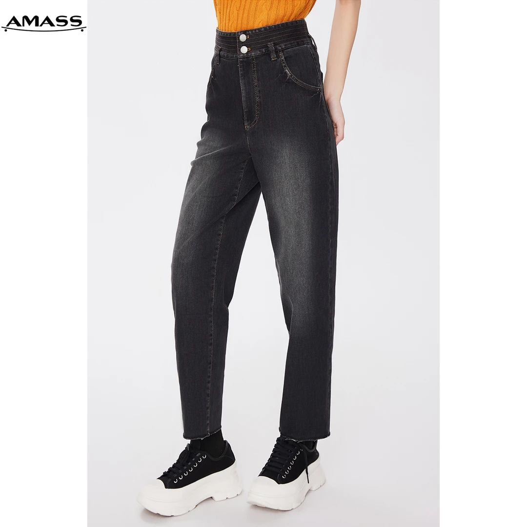 AMASS/阿玛施秋冬气质显瘦弹力时尚加绒牛仔萝卜老爹裤女 5100324