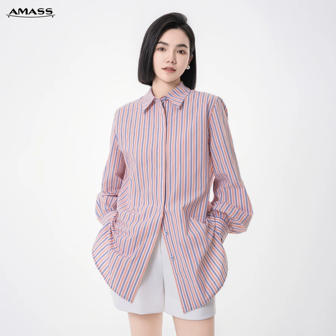 AMASS/阿玛施轻职场感舒适宽松复古休闲经典条纹长袖衬衫 5300701