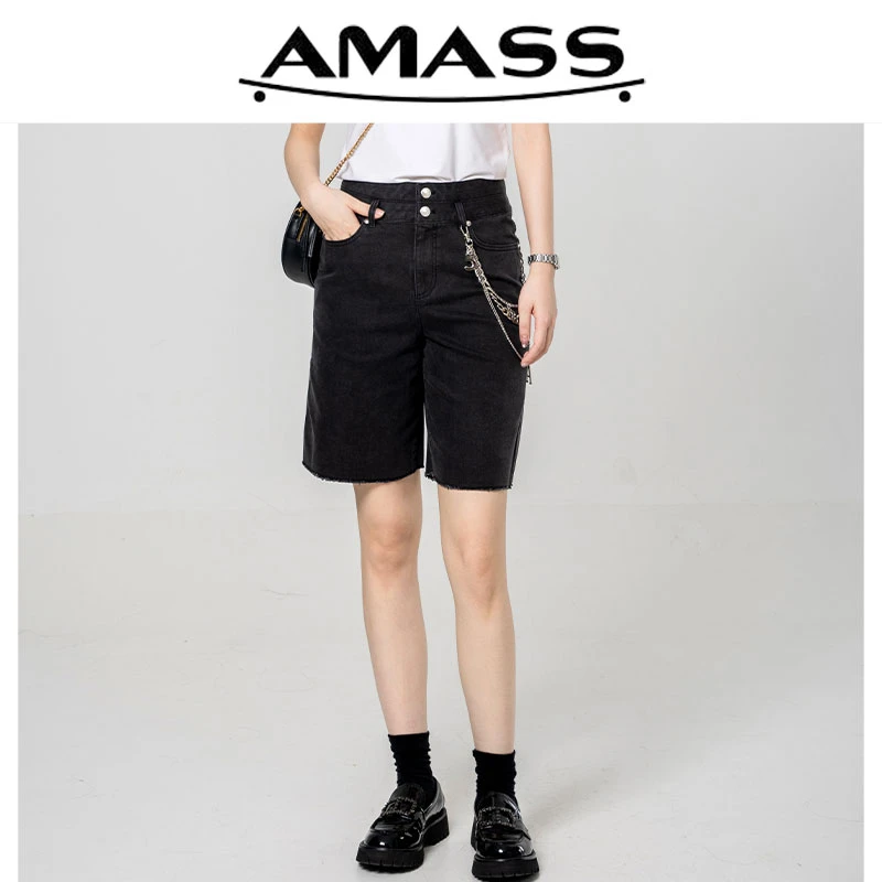 AMASS/阿玛施设计感链条宽松显瘦高腰五分直筒裤牛仔短裤 5100477