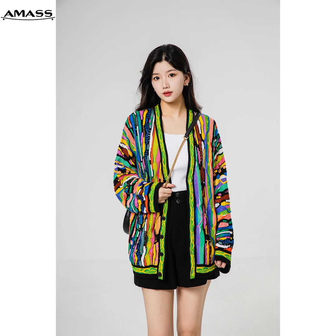 AMASS/阿玛施秋冬时尚复古彩色提花撞色条纹针织毛衣开衫 5499200