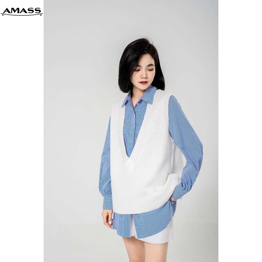 AMASS/阿玛施学院风时尚廓形V领套头羊毛针织背心马甲女5399678