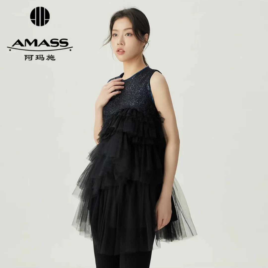 AMASS/阿玛施新款夏季拼接气质无袖时尚黑色女装连衣裙女 5300964