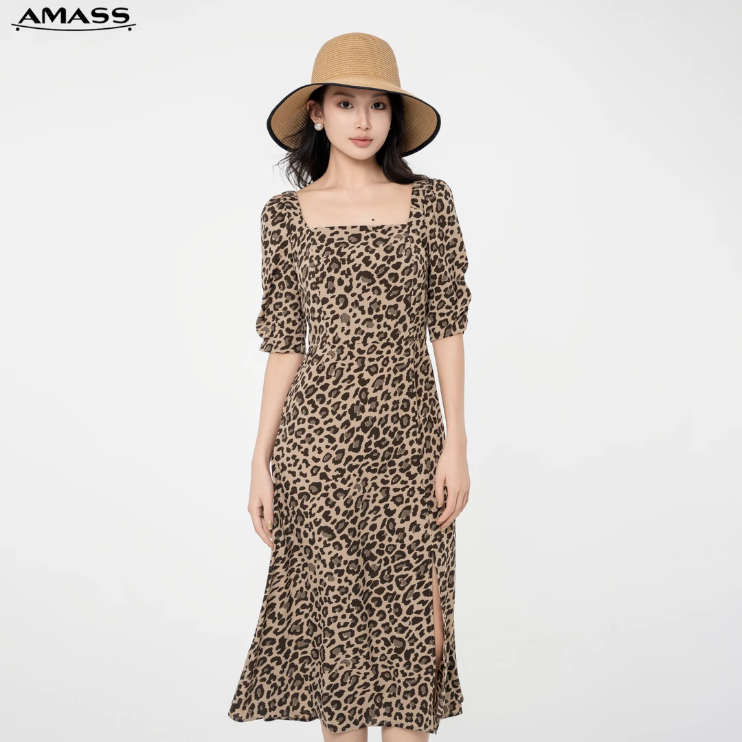 AMASS/阿玛施夏季新款质感复古方领豹纹法式开叉连衣裙女 5500406