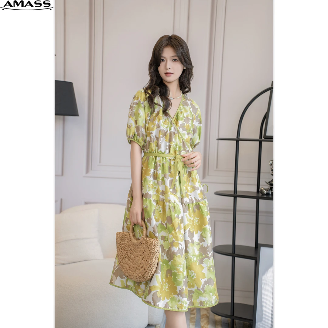 AMASS/阿玛施新款气质时尚法式泡泡袖系带显瘦中长连衣裙 5500448