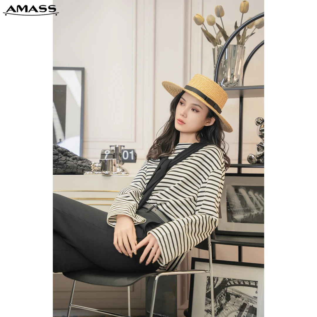 AMASS/阿玛施新款早春女装时尚经典条纹长袖T恤宽松百搭女5301090