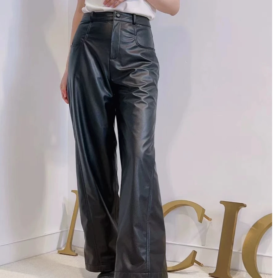 2024女士进口牛皮高腰大直筒阔腿裤宽松高级黑色长裤百搭休闲时尚
