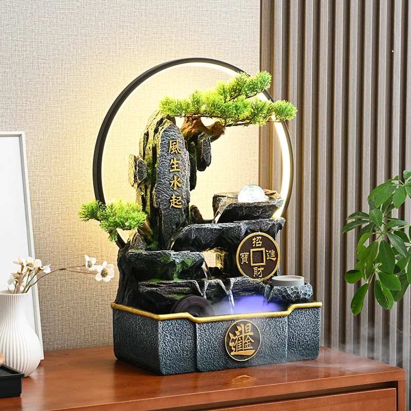 新中式高山流水摆件客厅桌面循环水公司装饰开业鱼缸乔迁礼