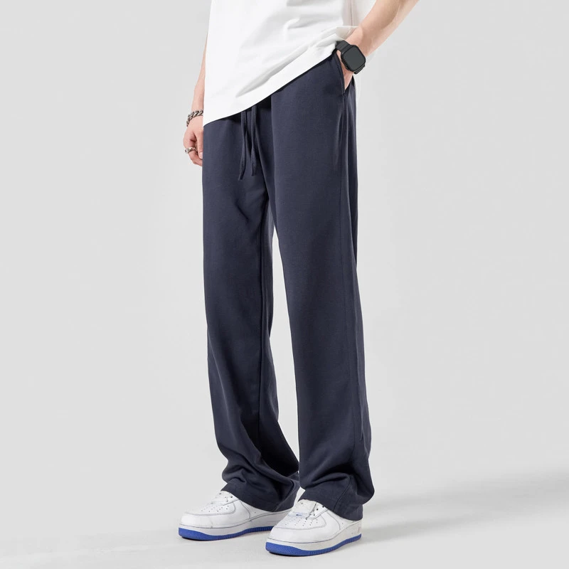 藏蓝色美式运动卫裤男款秋冬日系复古裤子宽松bf慵懒风微喇弯刀裤