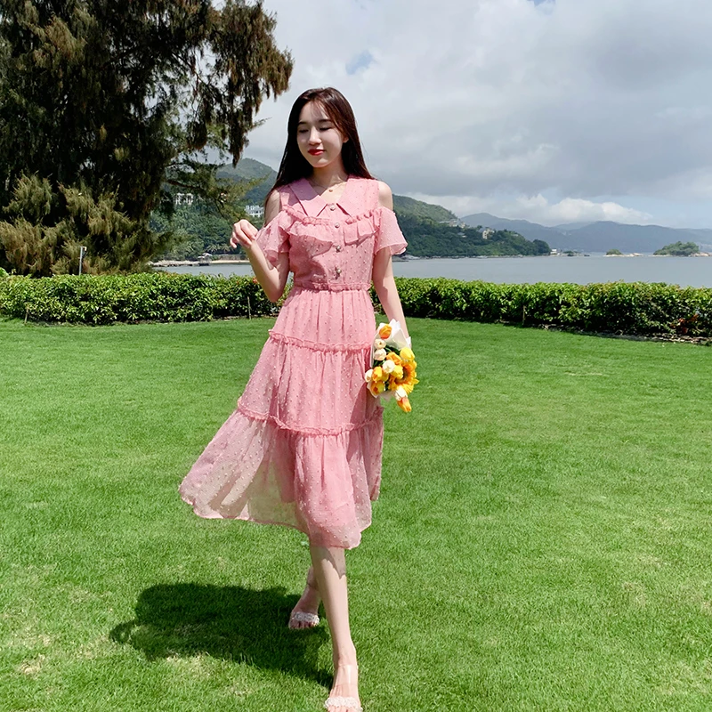 温柔流行气质设计感连衣裙女夏季高腰显瘦减龄洋气收腰露肩裙子