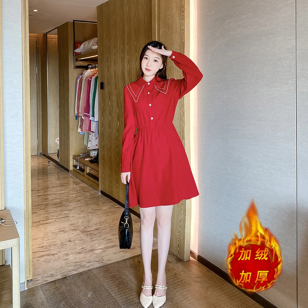 洋气红色加绒连衣裙女秋冬加厚收腰显瘦气质时尚小个子娃娃领裙子