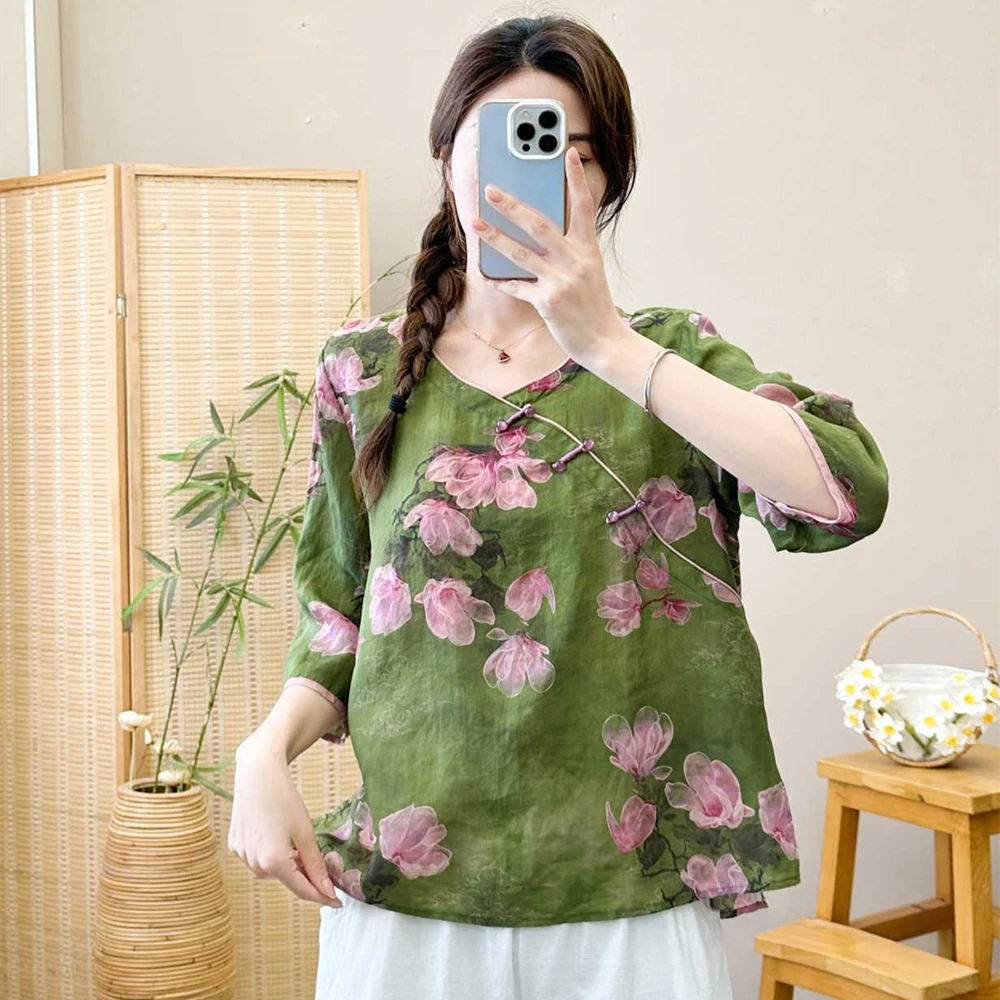 苎麻衬衫女2025夏季新款百搭宽松显瘦上衣休闲中式复古印花小衫女