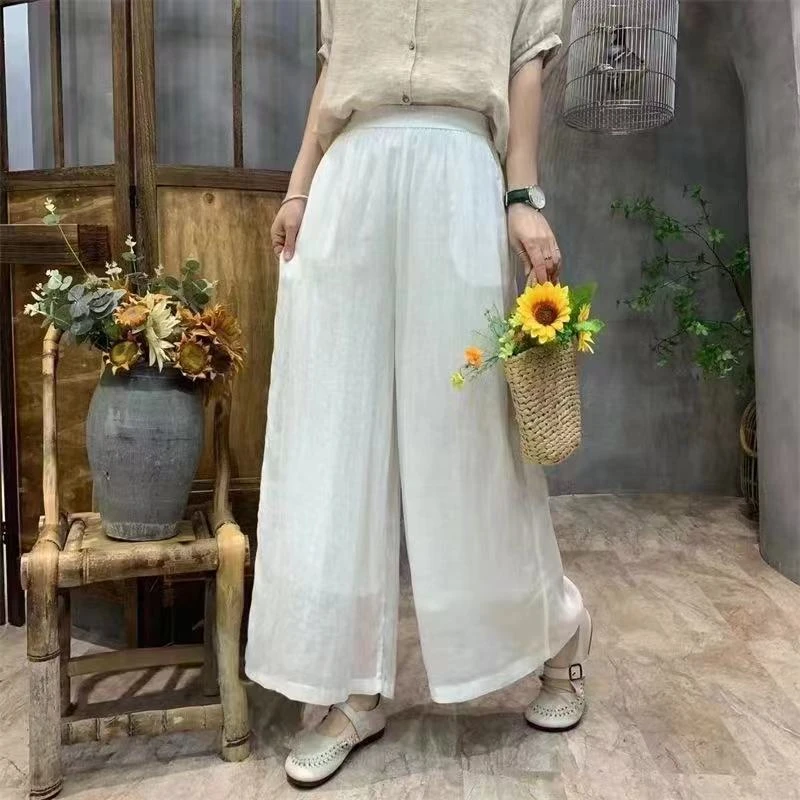 苎麻双层纯色阔腿裤女2024年白色复古文艺仙仙裤宽松版高腰直筒裤