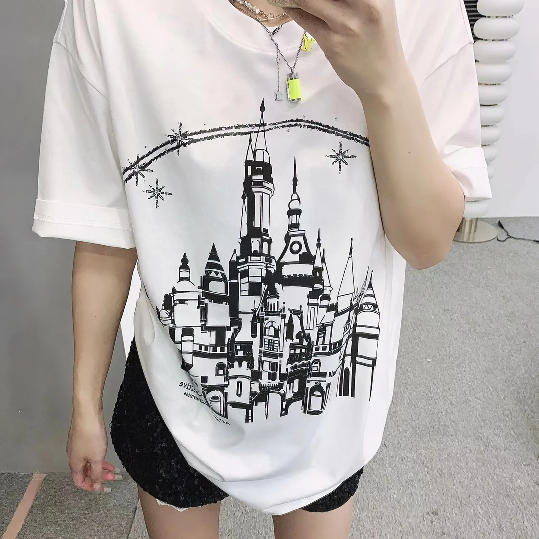 wwwxz王希之 百搭宽松黑白梦幻城堡闪钻白色圆领短袖T恤#11379