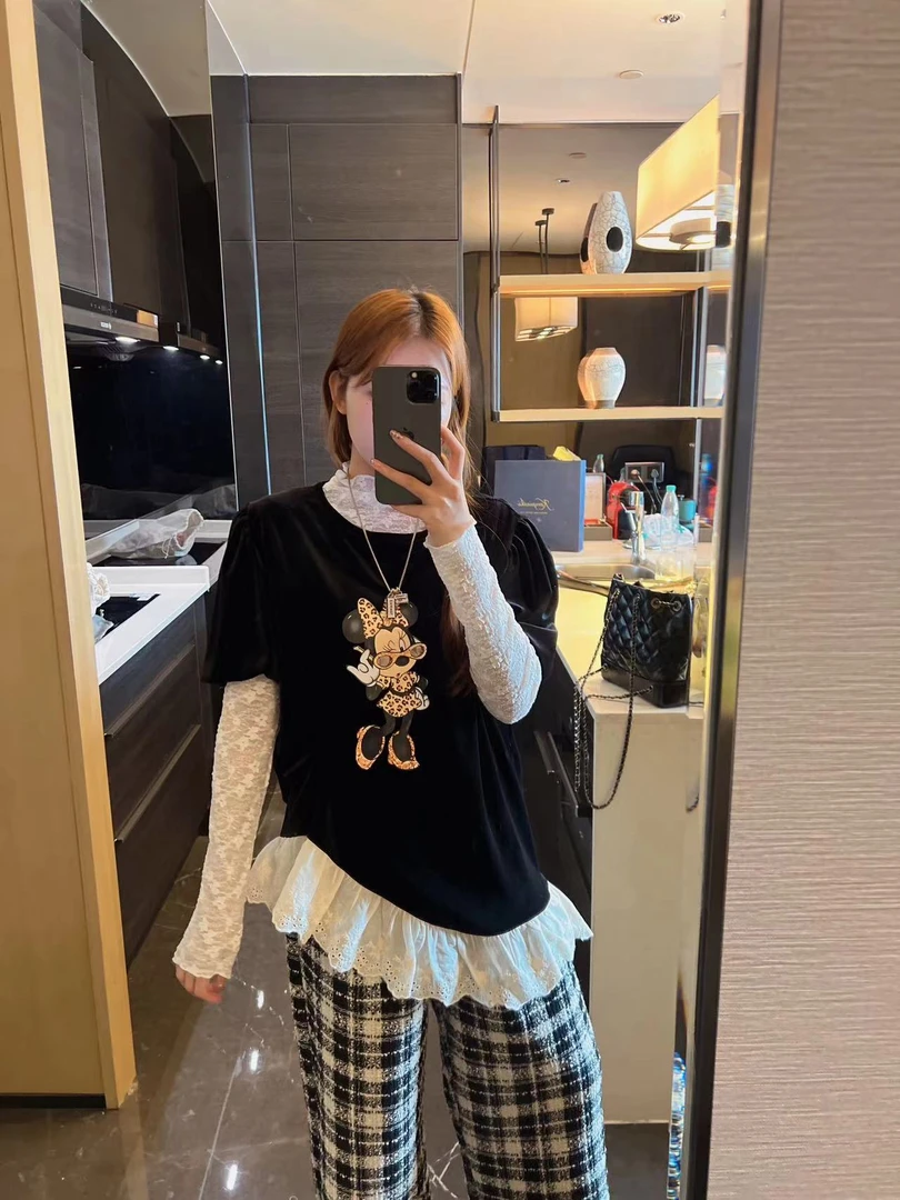 xxxwxz王希之 丝绒米奇印花带花边上衣T恤#12928