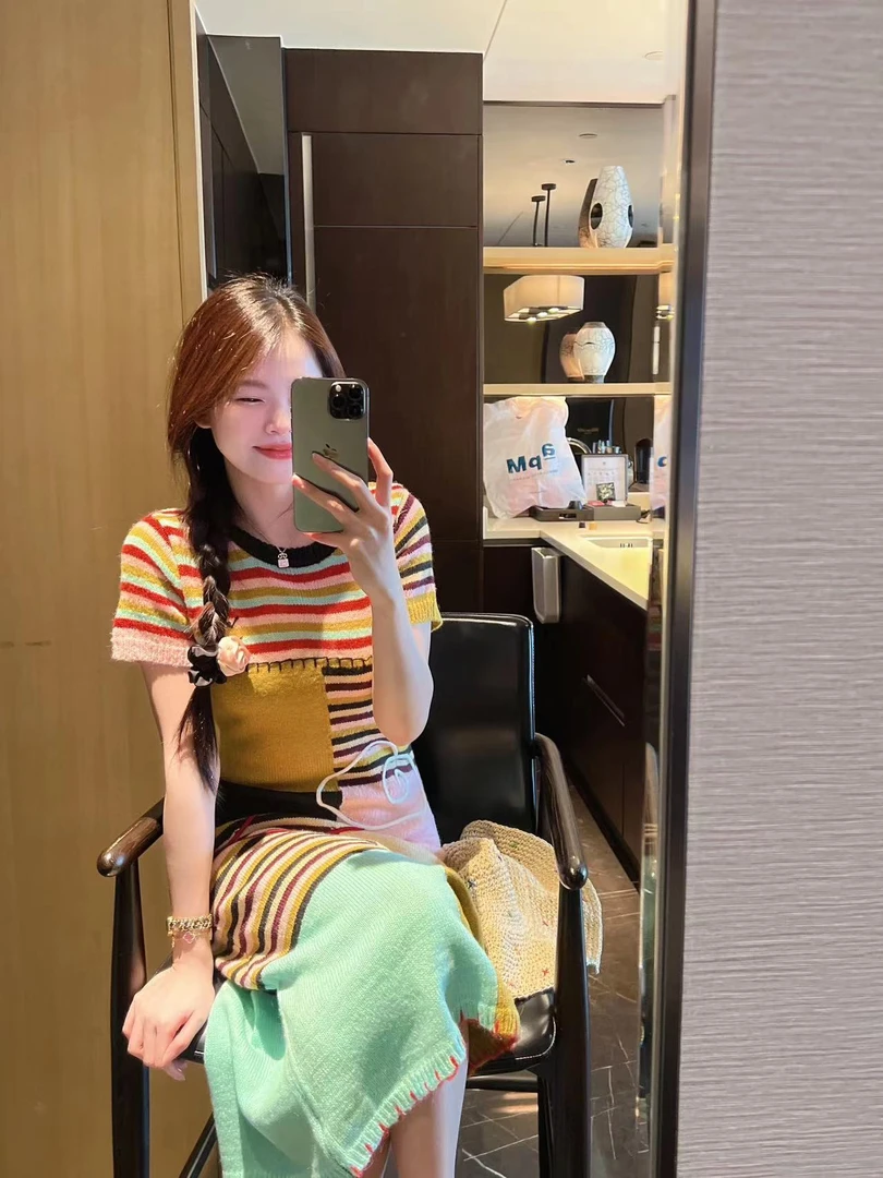 xxxwxz王希之 多巴胺女孩~条纹小A摆显瘦针织短袖连衣裙#12605