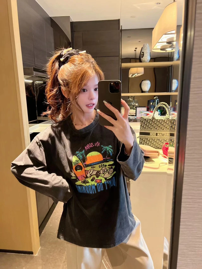 xxxwxz王希之 荧光落日~水洗黑圆领长袖T恤#12811