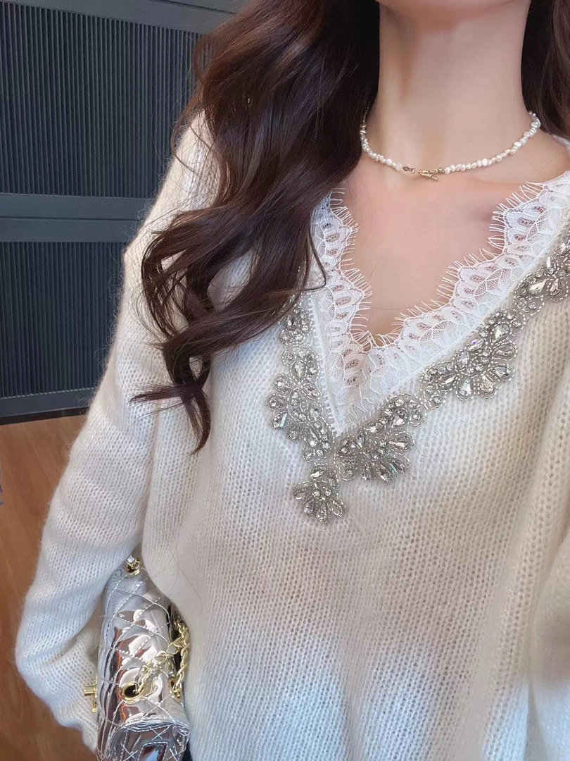 xxxwxz王希之 钻钻蕾丝v领重工毛衣#12284