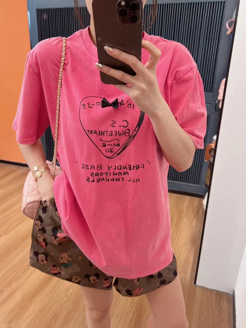 xxxwxz王希之  粉色后背爱心蝴蝶结装饰甜美短袖T恤上衣#Z844