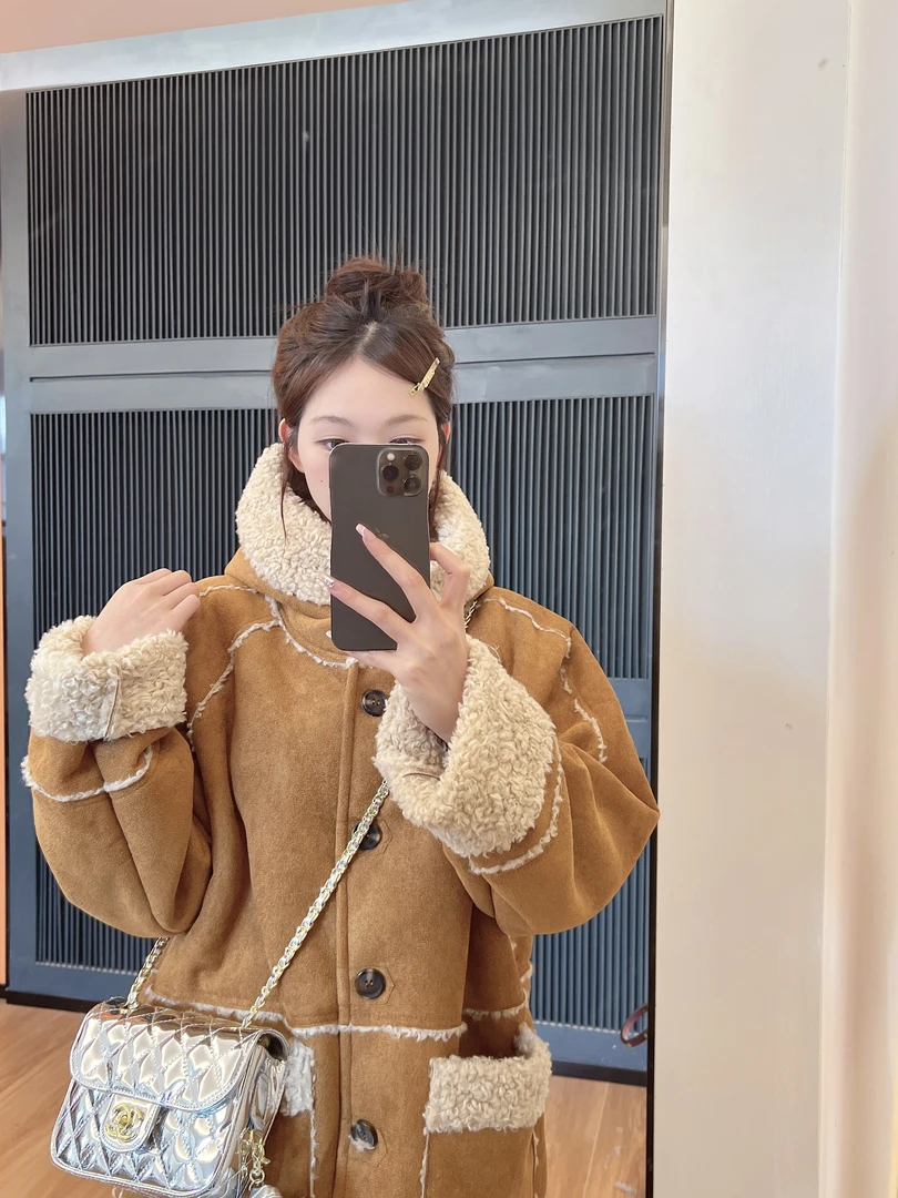 xxxwxz王希之 咖色皮毛一体连帽大衣#12259