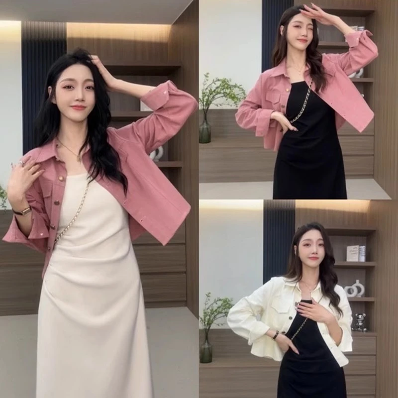 时髦洋气粉色衬衫牛仔外套女秋季新款配吊带连衣裙小个子短款上衣