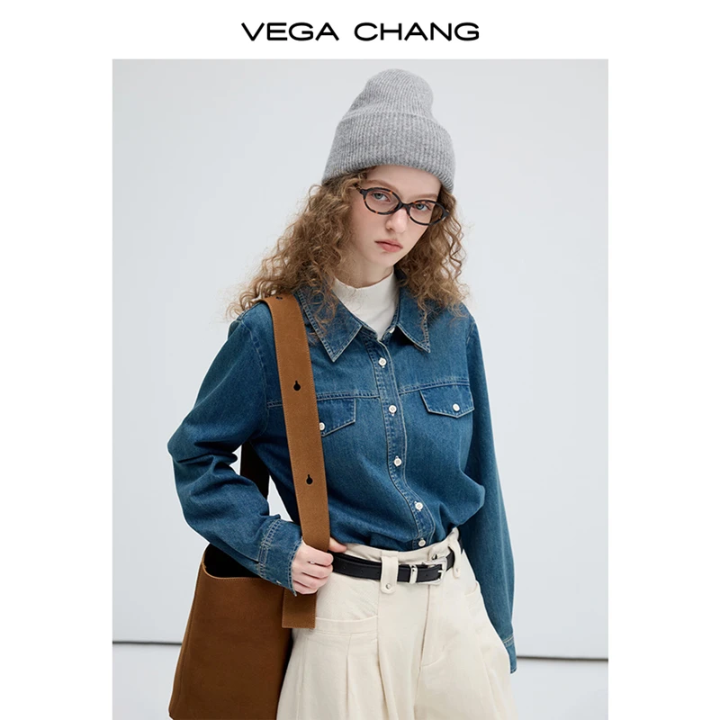 VEGA CHANG牛仔衬衫2025新款女秋季复古百搭简约韩系水洗长袖上衣