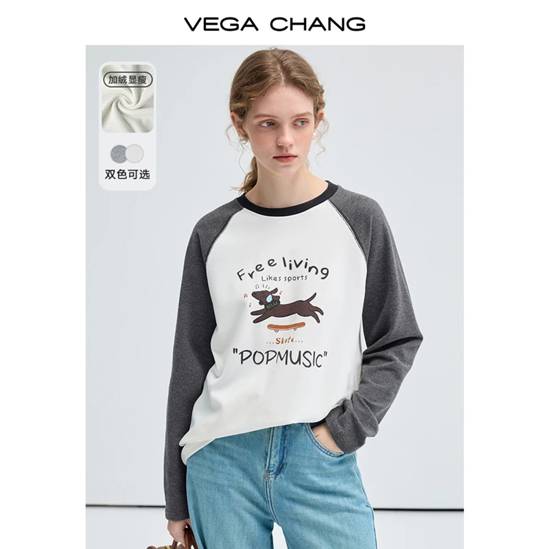 VEGA CHANG长袖T恤女2025年春秋新款复古插肩袖印花圆领气质上衣